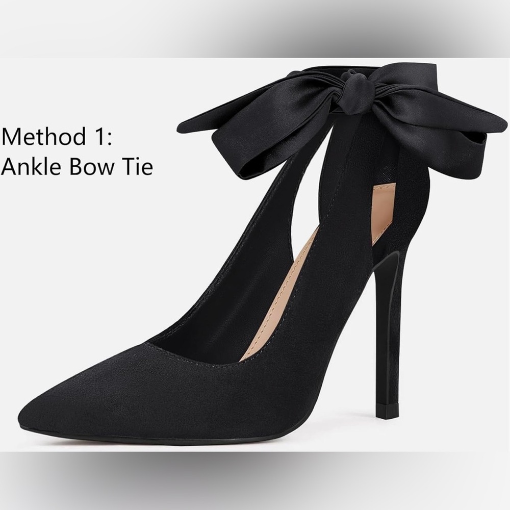 Fashare Black High Heels Bow Tie Back Sexy Stiletto Ankle Strap Women's Size 7.5